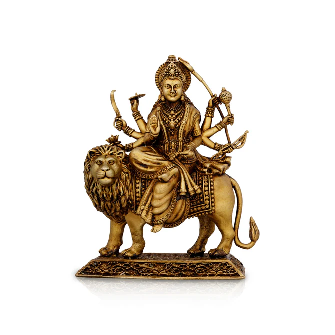 Durga Idol Sitting On Lion With Base - 5 x 4.25 Inches Brass Idol